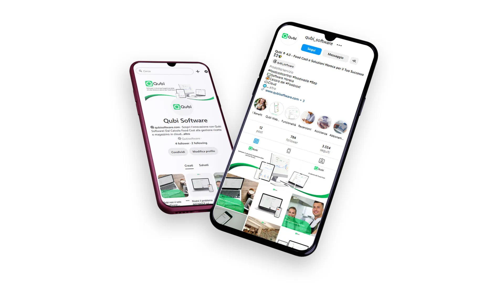 due smartphone con le pagine del profilo instagram e pinterest di qubi software